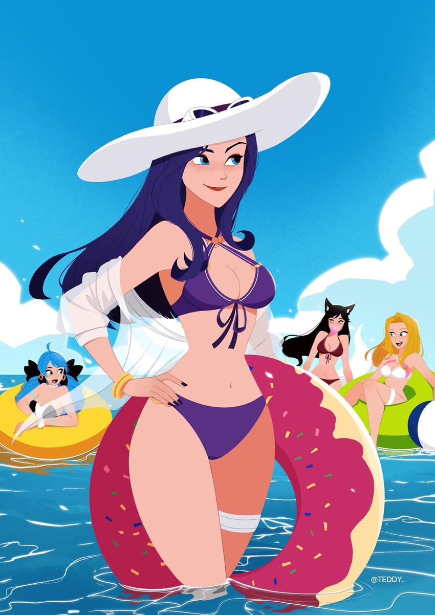 4girls ahri_(league_of_legends) animal_ears artist_name ball beachball bikini black_bow black_hair blonde_hair blue_eyes bow breasts caitlyn_(league_of_legends) chewing_gum cleavage day doughnut_innertube drill_hair fox_ears fox_girl fox_tail green_innertube gwen_(league_of_legends) hairbow hat highres holding holding_swim_ring inflatable_toy innertube jewelry league_of_legends long_hair lux_(league_of_legends) multiple_girls navel o-ring open_clothes outdoors pool_party_(league_of_legends) pool_party_caitlyn purple_bikini purple_hair red_bikini smile sun_hat swim_ring swimsuit tail teddy_teddd twin_drills water yellow_innertube