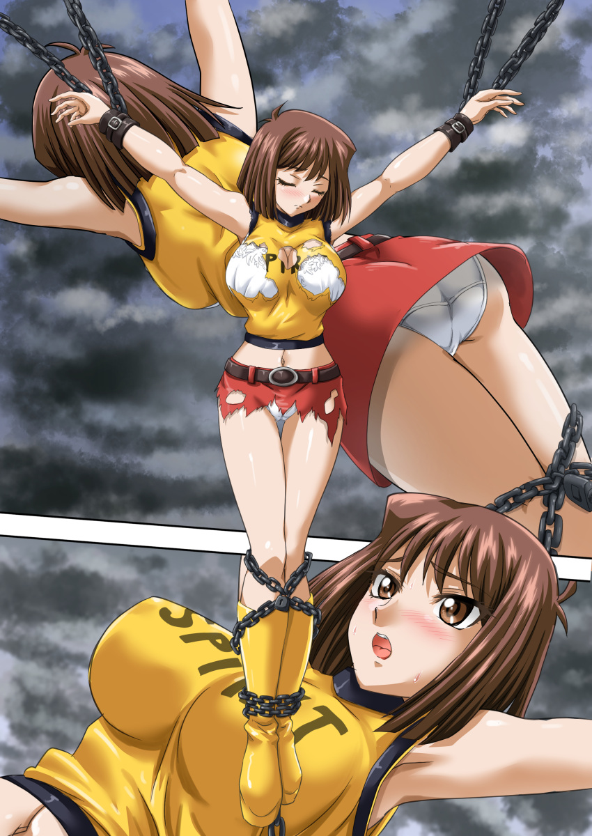 absurdres ass bra breasts brown_eyes brown_hair chains cleavage closed_eyes cloud cloudy_sky commission cowboy_shot cuffs female full_body grey_sky highres large_breasts mazaki_anzu miniskirt multiple_views nao_takami panties red_skirt shackles shirt short_hair skeb_commission skirt sky sleeveless sleeveless_shirt torn_clothes underbutt underwear underwear_only upper_body white_bra white_panties yellow_footwear yellow_shirt yu-gi-oh! yu-gi-oh!_duel_monsters