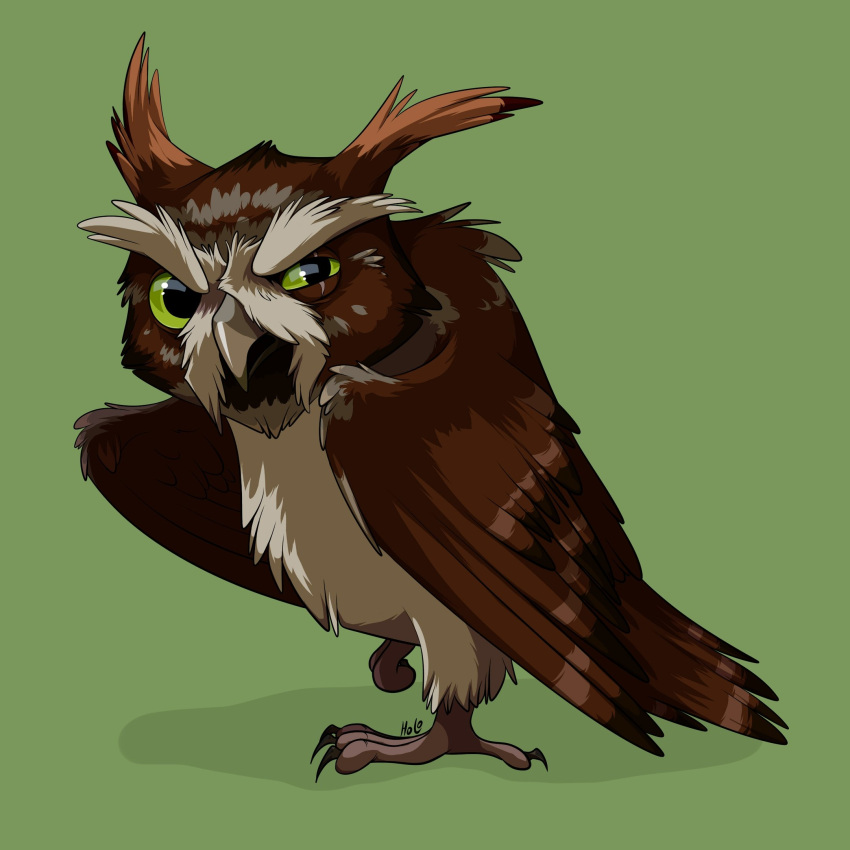 1:1 art_by_holo avian bird brown_body brown_feathers elderly_male ezylryb feathers feral green_background green_eyes guardians_of_ga'hoole hi_res male owl simple_background solo