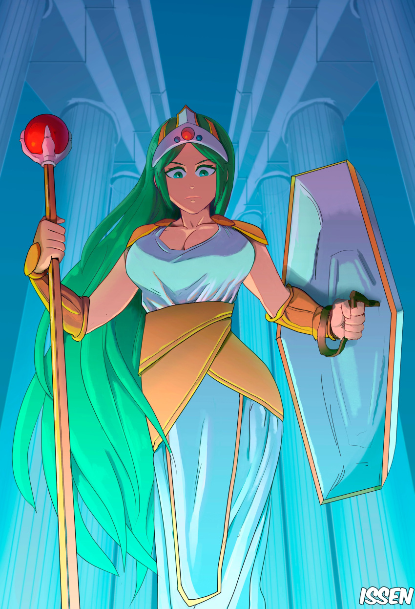 absurdres alternate_costume armor artist_name assentlov blue_dress breasts cleavage collarbone dress female green_eyes green_hair highres holding holding_shield holding_staff indoors kid_icarus kid_icarus_(nes) long_hair looking_at_viewer looking_down palutena pauldrons pillar shield shoulder_armor solo staff standing tiara vambraces very_long_hair