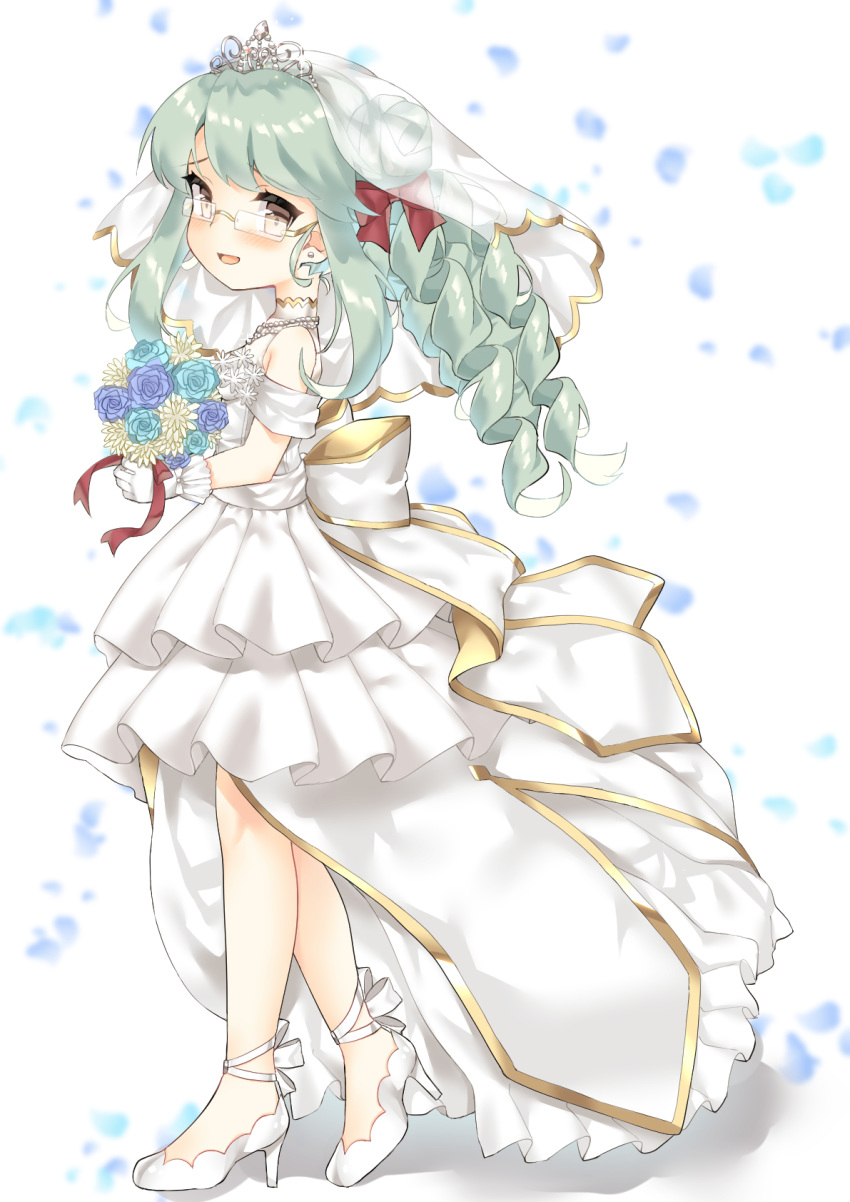 :d ankle_ribbon azur_lane back_bow bad_id bad_pixiv_id bare_legs bare_shoulders blush bouquet bow breasts bridal_veil commentary_request dress drill_hair earrings female flower frilled_dress frills from_side full_body glasses glint gloves green_hair hair_bun high_heels highres holding holding_bouquet jewelry juugou_taki langley_(azur_lane) leg_ribbon long_hair looking_at_viewer necklace open_mouth pearl_necklace red_ribbon ribbon rose shadow sidelocks simple_background single_hair_bun single_side_bun sleeveless sleeveless_dress small_breasts smile solo standing stud_earrings tiara veil wedding_dress white_background white_bow white_dress white_footwear white_gloves yellow_eyes