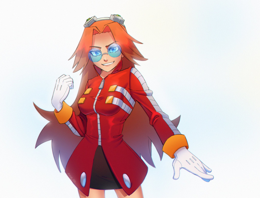 black_skirt blue-tinted_eyewear blue_eyes breasts clenched_hand dr._eggman eggmaam english_commentary female genderswap_(mtf) glasses gloves goggles goggles_on_head highres jacket medium_breasts orange_hair parted_bangs red_jacket rero_(rero_nn) round_eyewear rule_63 skirt smile solo sonic_(series) tinted_eyewear v-shaped_eyebrows white_background white_gloves