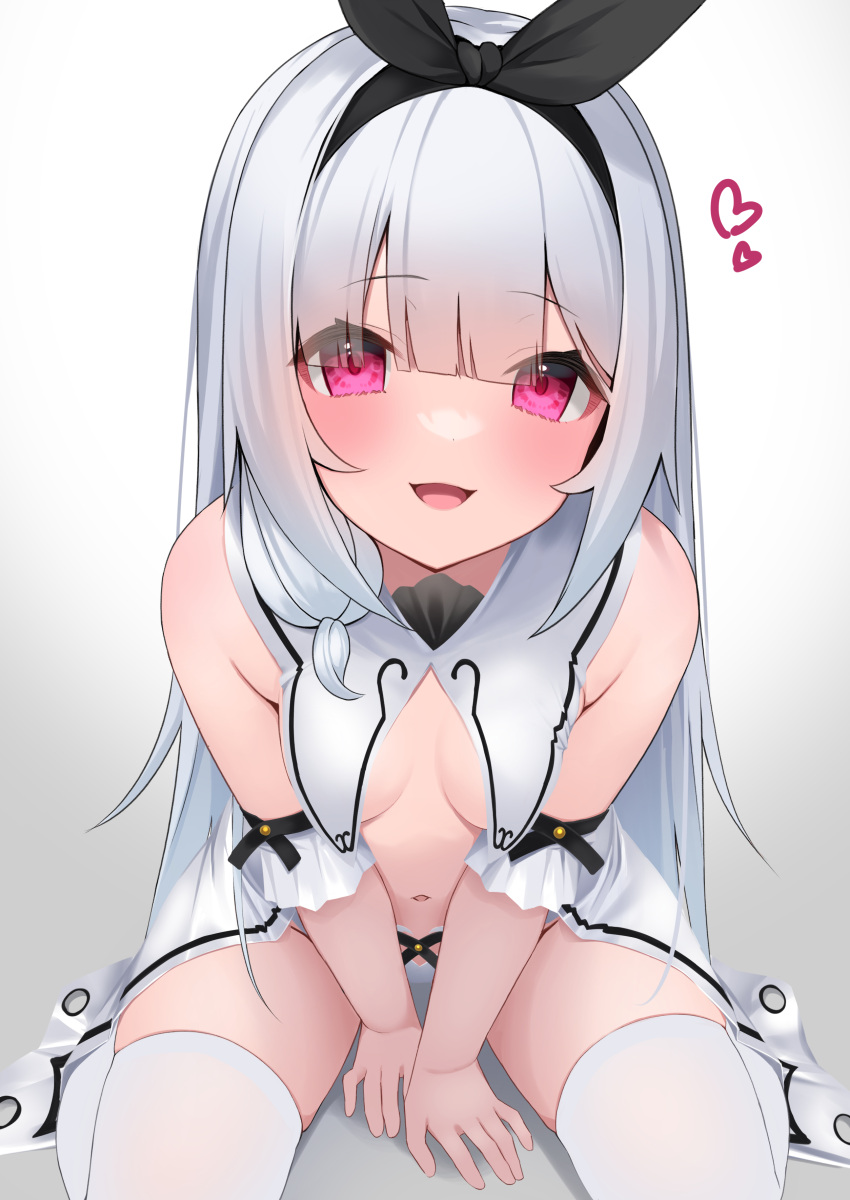 :d absurdres bare_shoulders between_legs black_hairband black_ribbon breasts commentary_request dress female gradient_background grey_background grey_hair hair_between_eyes hair_ribbon hairband hand_between_legs hashiko_nowoto heart highres leaning_forward long_hair looking_at_viewer nei_(hashiko_nowoto) original paid_reward_available panties purple_eyes ribbon sitting small_breasts smile solo thighhighs underwear very_long_hair wariza white_background white_dress white_panties white_thighhighs