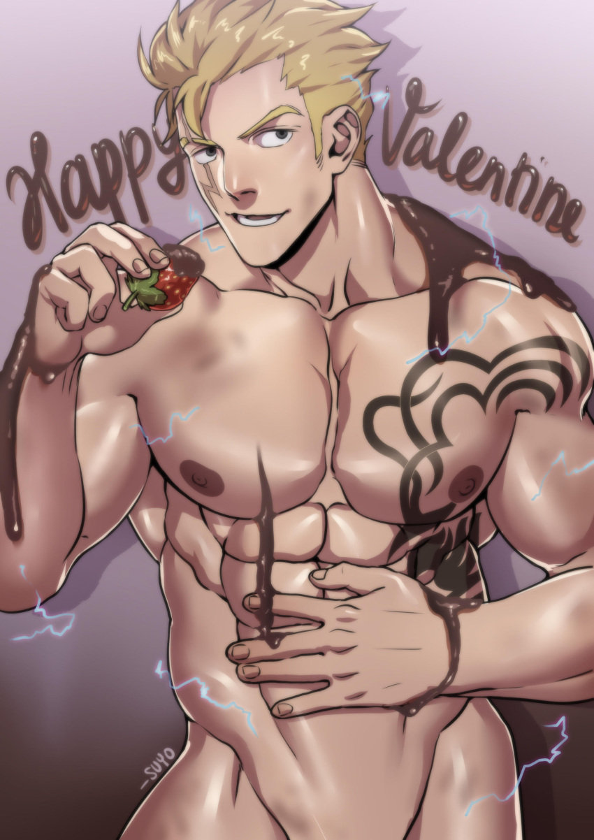 1boy abs absurdres artist_name bara blonde_hair chest_tattoo chocolate chocolate_on_body chocolate_on_hand chocolate_on_pectorals completely_nude facial_mark fairy_tail food food_on_body food_on_hand fruit highres holding holding_food holding_fruit large_pectorals laxus_dreyar looking_at_viewer male_focus muscular muscular_male naked_chocolate nipples nude pectorals short_hair sideburns smile solo suyohara tattoo valentine