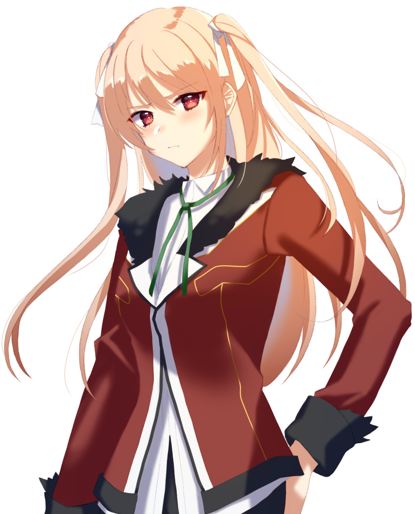 arcelle baldr_(series) baldr_sky blonde_hair blush breasts brown_eyes collared_shirt female frown fur_trim green_ribbons hair_behind_ear hand_on_own_hip highres jacket looking_at_viewer medium_breasts minazuki_sora neck_ribbon red_jacket ribbon shirt solo two_side_up white_background white_shirt