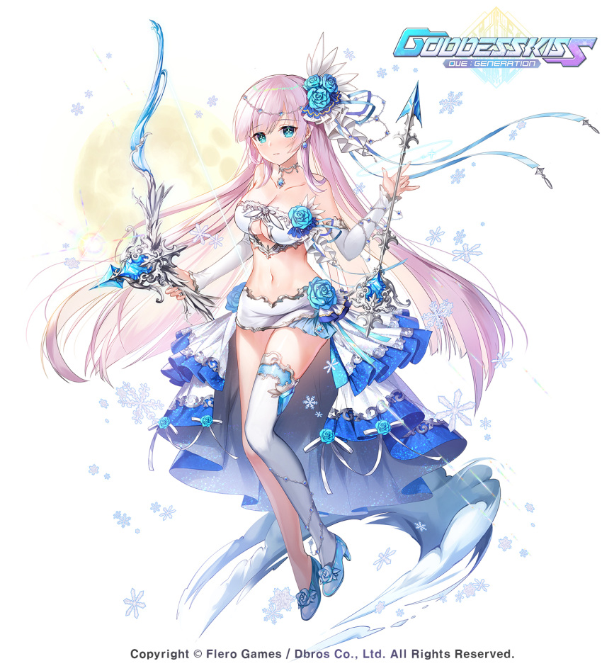 apple_caramel arrow_(projectile) bare_shoulders blue_eyes blue_flower blue_footwear bow_(weapon) breasts cleavage commentary company_name copyright_name earrings female flower full_body goddess_kiss highres holding holding_bow_(weapon) holding_weapon jewelry long_hair looking_at_viewer midriff navel official_art snowflakes solo very_long_hair weapon white_background white_hair yurina_(goddess_kiss)