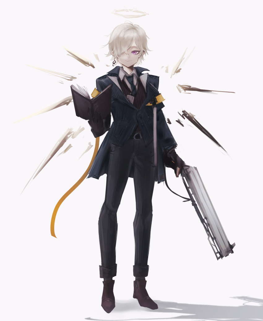 1boy absurdres aiv arknights bad_id bad_pixiv_id bishounen black_vest enforcer_(arknights) formal full_body gun halo highres male_focus necktie one_eye_covered purple_eyes short_hair simple_background solo suit vest weapon white_background white_hair wings