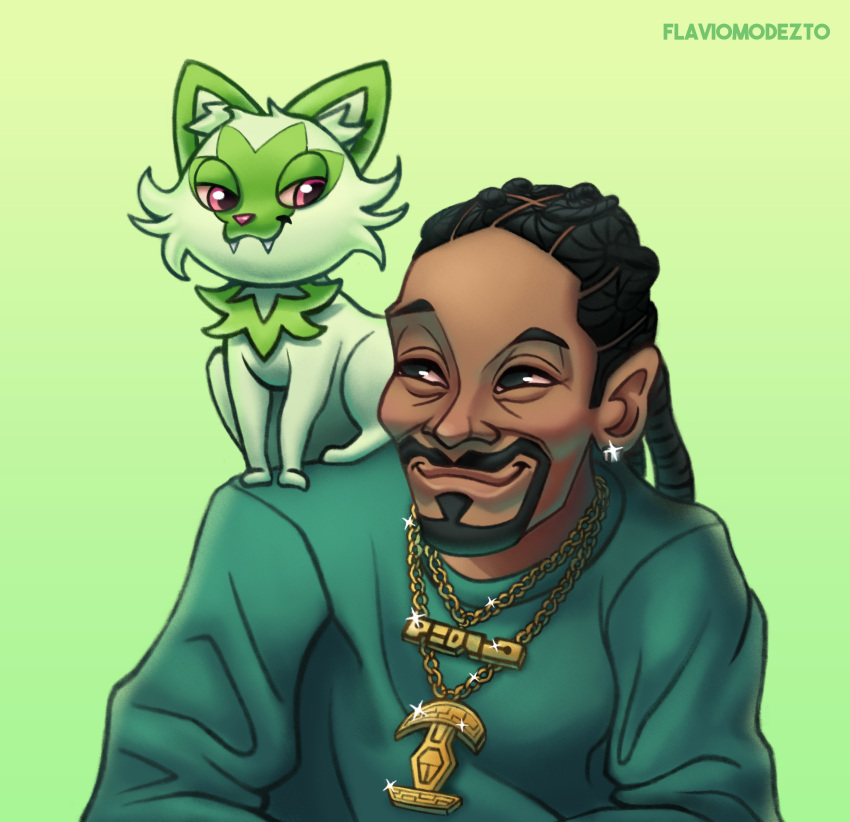 2022 absurd_res ambiguous_gender cheek_tuft clothed clothing cute_fangs dreadlocks drugs duo ear_piercing facial_hair facial_tuft feral flaviomodezto fur generation_9_pokemon goatee goes_hard gold_(metal) gold_jewelry gold_necklace green_background green_body green_fur half-closed_eyes hi_res human icon inner_ear_fluff jewelry longsleeve looking_at_another male mammal narrowed_eyes necklace nintendo piercing pokemon pokemon_(species) real_world red_eyes sharp_teeth simple_background sitting sitting_on_another smile smiling_at_each_other snoop_dogg snoop_dogg_(character) sprigatito stoned substance_intoxication teeth tuft