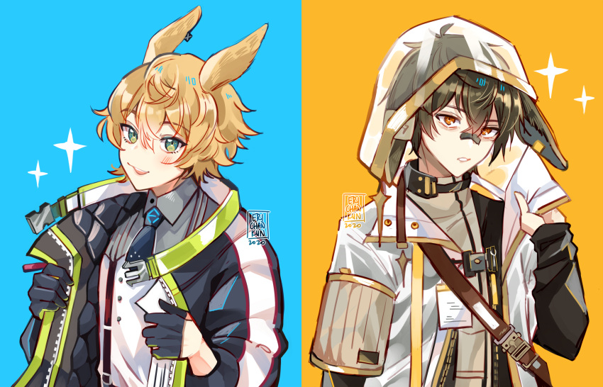 2boys animal_ears arknights artist_name ayerscarpe_(arknights) bishounen blonde_hair brown_hair choker coll_(erichankun) green_eyes highres id_card jacket leonhardt_(arknights) male_focus multiple_boys necktie orange_eyes rabbit_boy rabbit_ears simple_background smile sparkle suspenders upper_body