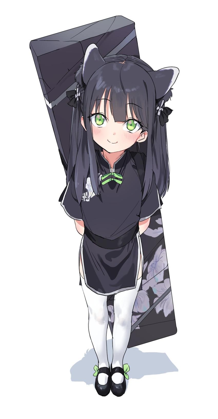 absurdres animal_ears arms_behind_back bag blue_archive chinese_clothes commentary dorontabi female full_body green_eyes highres long_hair looking_at_viewer shoes shun_(blue_archive) smile solo thighhighs white_background white_legwear younger