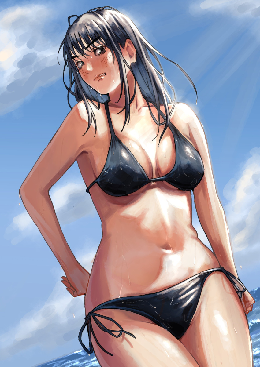 absurdres bikini black_bikini black_hair blush breasts breasts_apart brown_eyes chainsaw_man clenched_teeth collarbone erupusai2 female grimace halterneck hand_on_own_hip highres long_hair looking_at_viewer medium_breasts mitaka_asa navel ocean side-tie_bikini_bottom sky solo stomach string_bikini swimsuit teeth wet