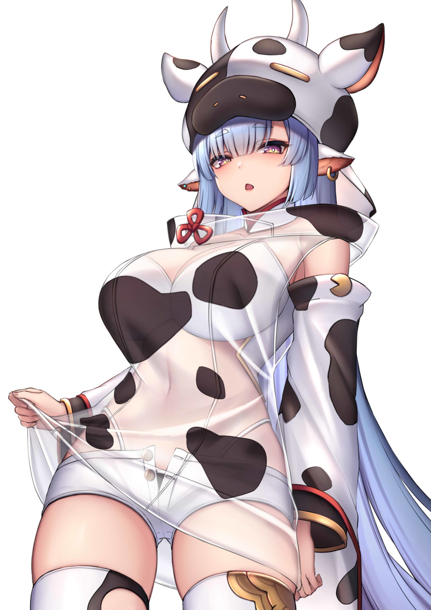 animal_costume animal_ears animal_print armpit_crease bikini black_bikini blue_hair bra breasts catura_(granblue_fantasy) cleavage collarbone cow_costume cow_ears cow_girl cow_horns cow_print cowboy_shot detached_collar detached_sleeves draph earrings female gold_trim granblue_fantasy highleg highleg_bikini highres hood hood_down horns jewelry large_breasts long_hair long_sleeves looking_at_viewer micro_shorts open_fly purple_eyes revealing_clothes see-through shorts sidelocks simple_background solo string_bikini swimsuit thick_eyebrows thighhighs thighs underwear very_long_hair white_background white_bra white_shorts white_thighhighs ym_(distance819)