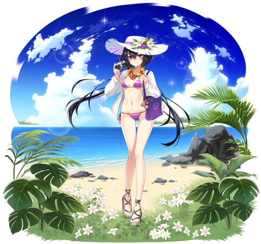 absurdres alpha_transparency alternate_costume bag bare_legs beach bikini black_hair breasts camera cloud counter:side day downscaled female floating_hair flower flower_necklace full_body hair_between_eyes hand_up hat hat_flower highres holding jacket jewelry lily_(counter:side) long_hair long_sleeves looking_at_viewer low_twintails medium_breasts navel necklace ocean official_alternate_costume official_art open_clothes open_jacket outdoors purple_bikini red_eyes resized sandals shoulder_bag side-tie_bikini_bottom smile solo standing stomach string_bikini sun_hat swimsuit thigh_gap thighs transparent_background twintails very_long_hair white_hat white_jacket