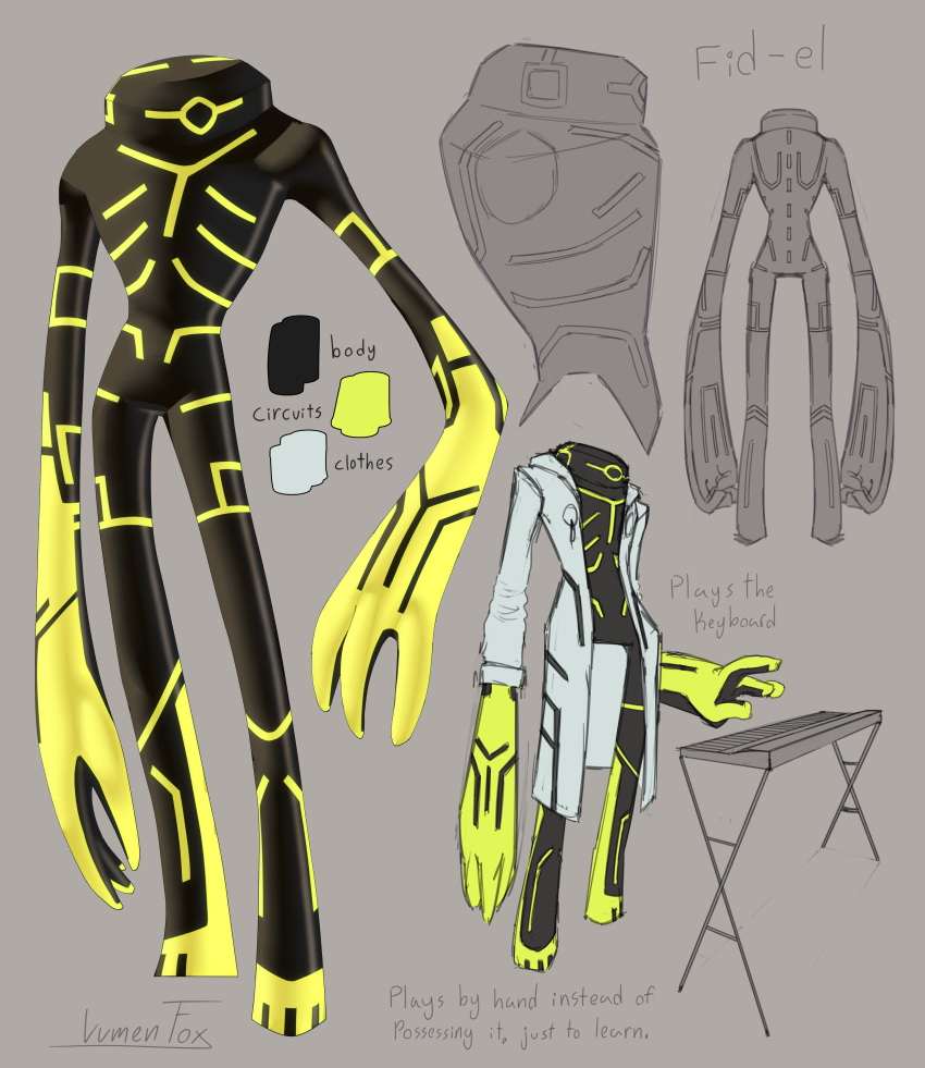 1_eye 4_fingers absurd_res alien alien_humanoid ambiguous_gender ben_10 biped black_body cartoon_network clothing digital_media_(artwork) english_text fan_character fid-el_(lumen_fox) fingers front_view galvanic_mechamorph hi_res humanoid keyboard_instrument lumen_fox model_sheet musical_instrument not_furry shaded signature solo standing text