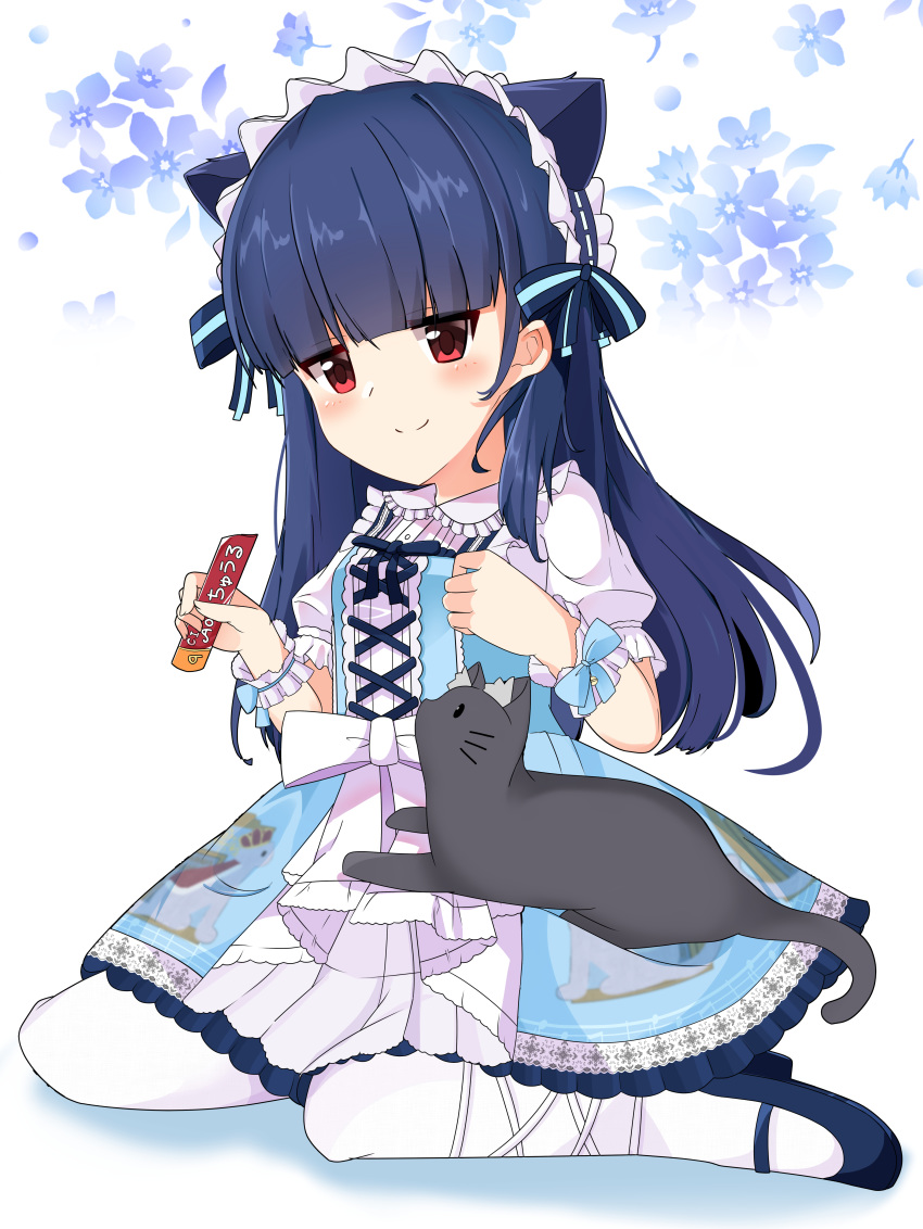 absurdres animal animal_ears bad_id bad_pixiv_id black_cat black_hair blue_bow blue_dress blue_flower blue_footwear blush bow cat_ears closed_mouth collared_shirt commentary_request dress fake_animal_ears feline female flower frilled_shirt_collar frills high_heels highres holding idolmaster idolmaster_cinderella_girls lolita_fashion long_hair nekoyanagi_(azelsynn) pantyhose pero_(idolmaster_cinderella_girls) puffy_short_sleeves puffy_sleeves red_eyes sajo_yukimi shirt shoes short_sleeves sitting sleeveless sleeveless_dress smile solo sweet_lolita very_long_hair wariza white_background white_pantyhose white_shirt