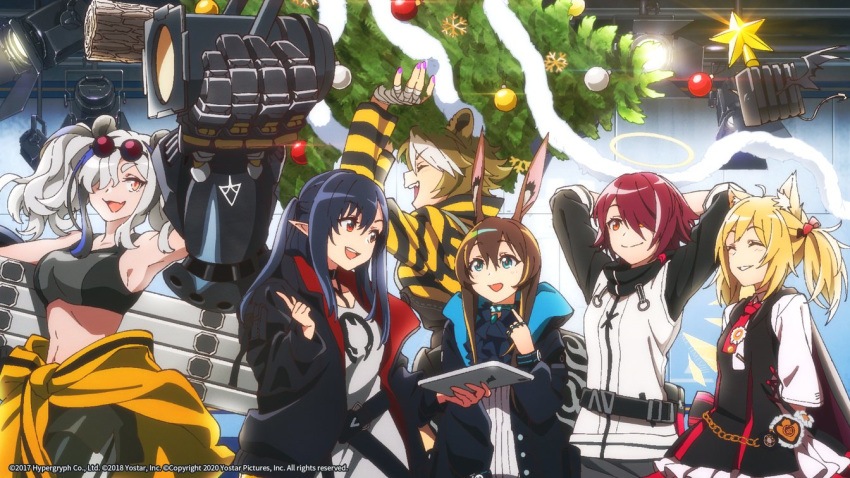 6+girls abs amiya_(arknights) animal_ears arknights ascot bear_ears bear_girl beehunter_(arknights) beehunter_(elite_ii)_(arknights) black_hair black_jacket blonde_hair brown_hair carrying christmas christmas_ornaments christmas_tree closed_eyes closure_(arknights) clothes_around_waist commentary_request energy_wings english_text exusiai_(arknights) eyewear_on_head feater_(arknights) frilled_ascot frills grey_hair halo hood hooded_jacket infection_monitor_(arknights) jacket jacket_around_waist jewelry multiple_girls multiple_rings navel neck_ring official_art open_clothes open_jacket pointy_ears power_fist rabbit_ears rabbit_girl red_hair ring smile sora_(arknights) studio studio_lights tablet_pc thumb_ring vampire wolf_ears wolf_girl yostar_pictures