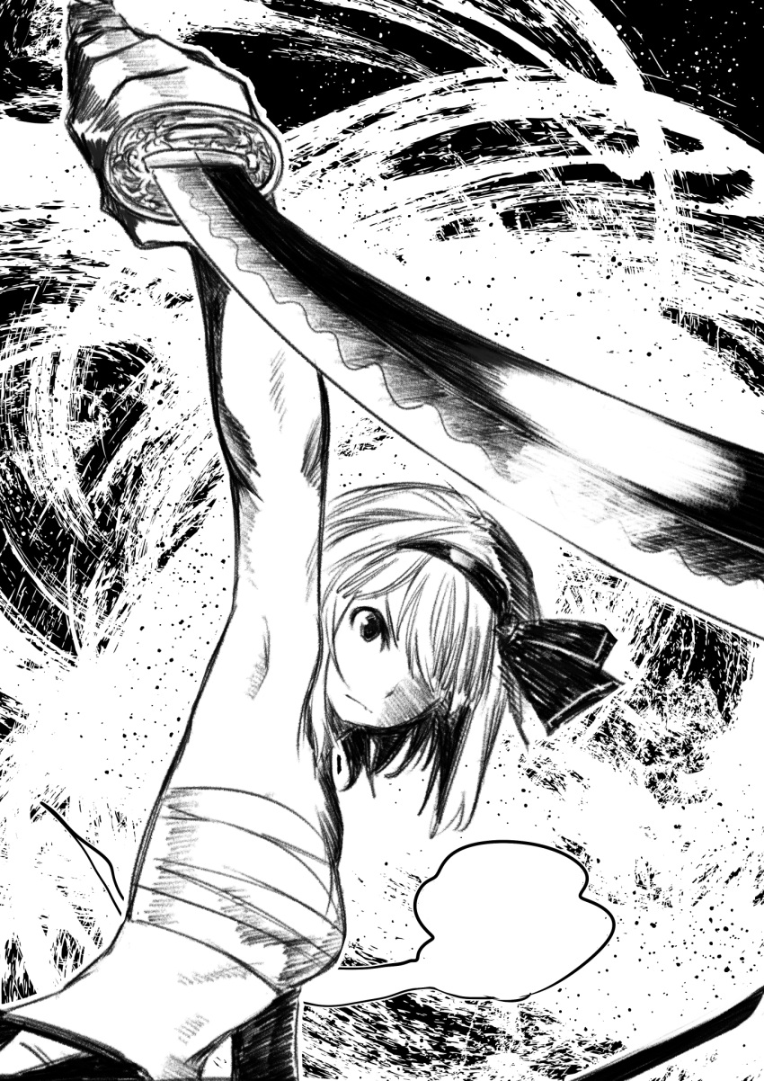 armpits bob_cut breasts chest_sarashi commentary_request dutch_angle female ghost greyscale hairband highres holding holding_sword holding_weapon katana konpaku_youmu konpaku_youmu_(ghost) midriff monochrome no_shirt one_eye_covered sarashi sen_(daydream_53) short_hair skirt small_breasts solo sword touhou wakizashi weapon