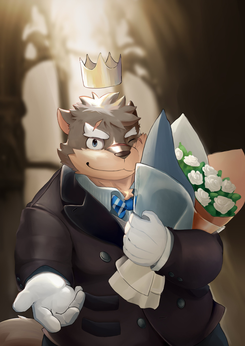 absurd_res anthro bouquet bow_tie canid canine canis clothing crown domestic_dog eyebrows fur gloves grey_body grey_fur handwear headgear hechaxianzhi hi_res lifewonders looking_at_viewer male mammal moritaka_(tas) one_eye_closed scar smile solo suit thick_eyebrows tokyo_afterschool_summoners wink