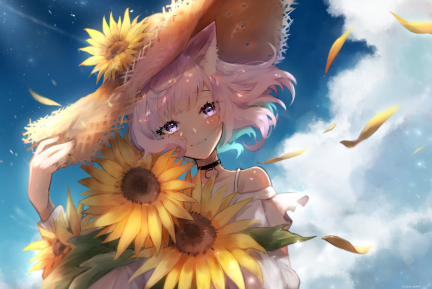 absurdres alternate_costume animal_ears cat_ears cloud collar female flower hat hat_flower highres hololive mashiro_io nekomata_okayu outdoors purple_eyes purple_hair smile straw_hat sunflower virtual_youtuber wind yellow_flower