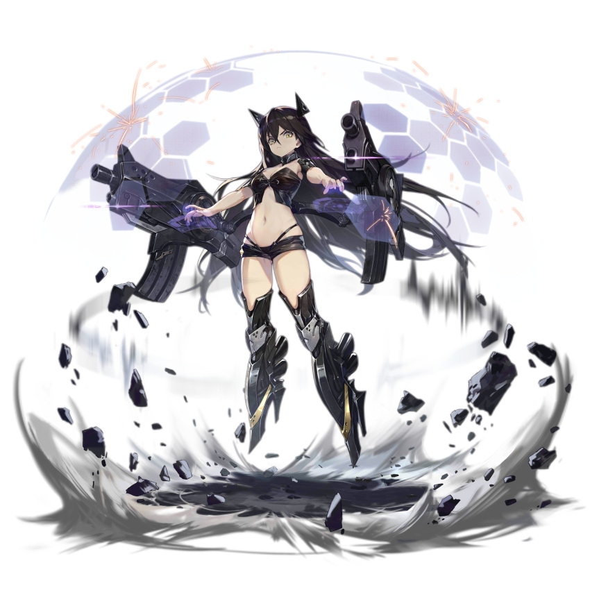 >:( arm_armor armor ass_visible_through_thighs bare_shoulders black_bustier black_choker black_footwear black_hair black_shorts boots breasts bustier choker cleavage crop_top crossed_bangs debris energy_barrier energy_shield female floating frown full_body girls'_frontline greaves gun hair_between_eyes headgear high_heel_boots high_heels highres honeycomb_(pattern) judge_(girls'_frontline) long_hair looking_at_viewer mechanical_boots medium_breasts micro_shorts midriff motion_blur navel official_art outstretched_arms rock sangvis_ferri shorts shoulder_cannon simple_background smoke solo sparks spread_arms strapless suspender_shorts suspenders third-party_source transparent_background v-shaped_eyebrows very_long_hair weapon xiao_qiang_sang yellow_eyes