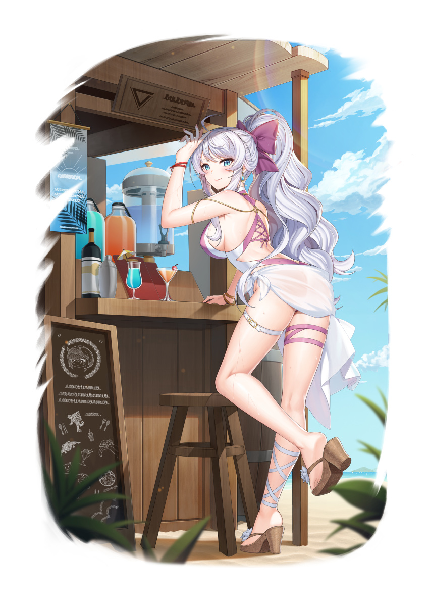 absurdres ahoge alpha_transparency arm_up ass back bangle bare_legs bare_shoulders blue_eyes bow bracelet breasts counter:side cup drinking_glass earrings female from_behind full_body hairbow highres jewelry lara_jaeger large_breasts leaning_forward long_hair looking_at_viewer looking_back official_art one-piece_swimsuit ponytail sandals sarong see-through serina_crew sign smile solo standing stool swimsuit thigh_strap transparent_background two-tone_swimsuit very_long_hair white_hair