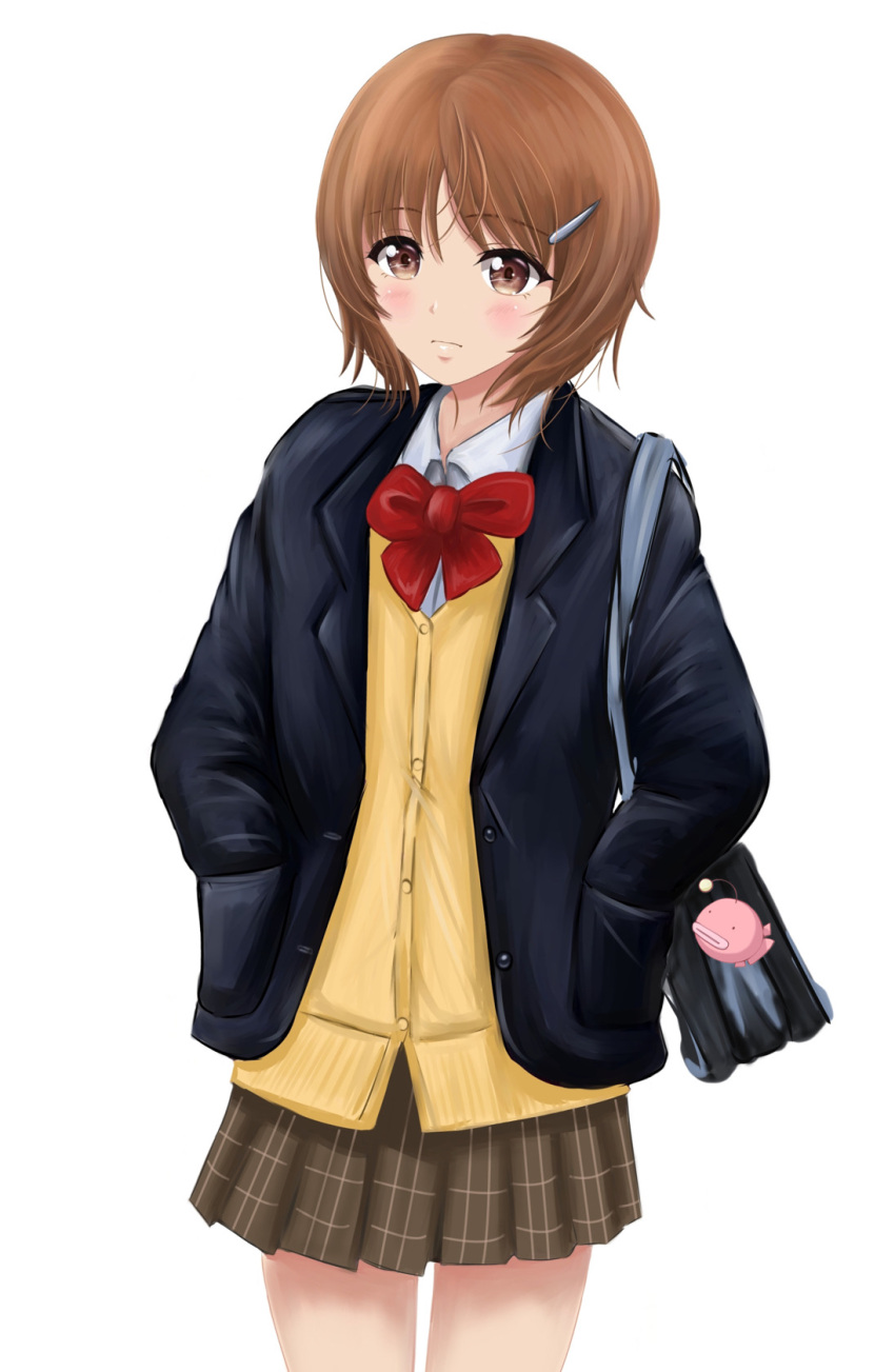 alternate_costume anglerfish bag black_jacket blazer blush bow bowtie brown_eyes brown_hair brown_skirt cardigan carrying closed_mouth commentary cowboy_shot dress_shirt female fish frown girls_und_panzer hair_ornament hairclip hands_in_pockets highres jacket looking_at_viewer miniskirt nishizumi_miho open_clothes open_jacket pleated_skirt red_bow red_bowtie school_bag school_uniform shirt short_hair simple_background skirt solo standing white_background white_shirt wing_collar yellow_cardigan zaofeng