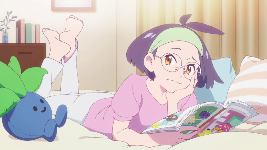 anime_screenshot antenna_hair barefoot blossom's_mother_(pokemon) blurry book brown_eyes character_doll closed_mouth curtains feet feet_up female glasses green_hairband hairband head_rest highres holding holding_magazine indoors jewelry looking_at_viewer lying magazine_(object) nail_polish non-web_source oddish official_art omanyte on_bed on_stomach open_magazine pants parasect pillow pink_nails pink_shirt pokemon pokemon_(anime) poketoon psyduck purple_hair ring round_eyewear shirt short_sleeves smile soles solo split_mouth t-shirt the_pose toes venonat white_pants