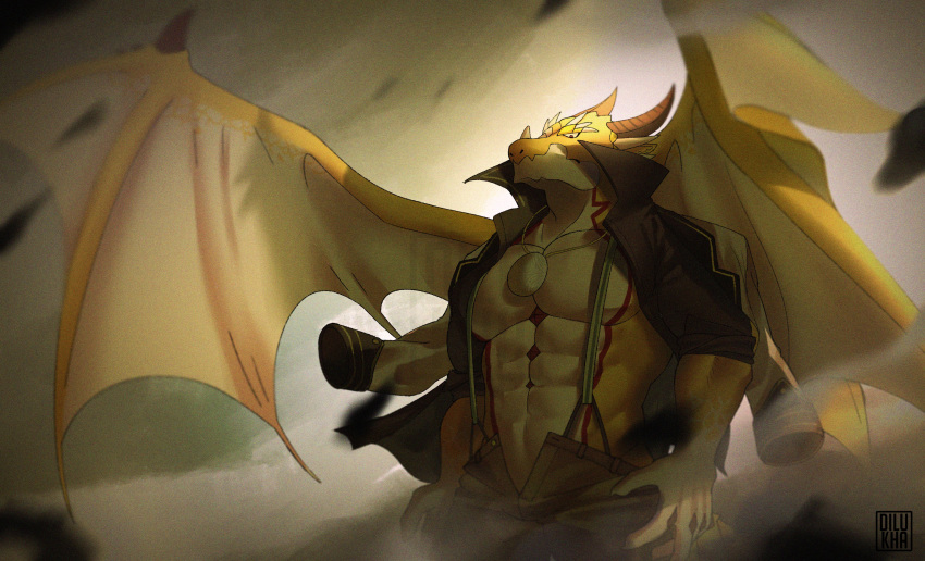 1boy abs absurdres bara bare_pectorals blurry blurry_background brown_pants brown_shirt cowboy_shot dilukha_(nyaalgebra) dragon_boy dragon_horns dragon_wings from_below furry furry_male highres horns large_pectorals looking_at_viewer looking_down male_focus monster_boy muscular muscular_male navel open_clothes open_fly open_pants open_shirt ophion_(housamo) pants pectorals sandstorm scales shirt short_hair solo spread_wings stomach suspenders tokyo_afterschool_summoners wings yellow_scales