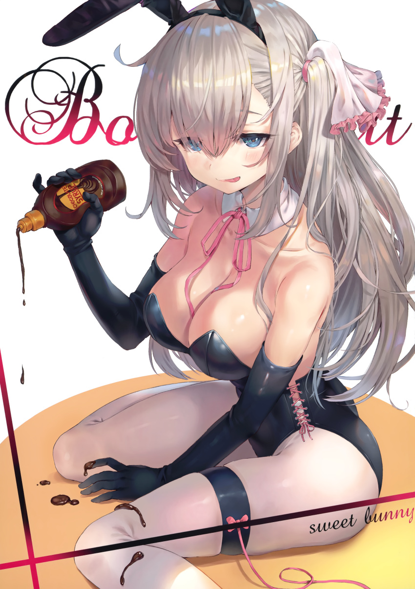 :p absurdres animal_ears bare_shoulders black_gloves blue_eyes bottle breasts chocolate chocolate_syrup cleavage collarbone elbow_gloves english_text female gloves grey_hair hair_between_eyes hair_ribbon highres holding holding_bottle large_breasts leotard long_hair looking_at_viewer neck_ribbon original pantyhose pink_ribbon playboy_bunny rabbit_ears rangen ribbon scan simple_background sitting solo strapless strapless_leotard tongue tongue_out white_background white_pantyhose white_ribbon