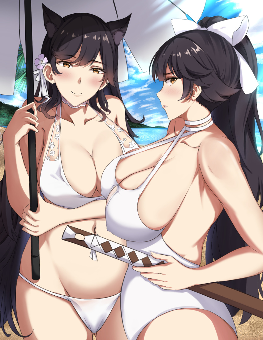 2girls adone_(pluemza021) atago_(azur_lane) atago_(summer_march)_(azur_lane) azur_lane bikini black_hair bow breasts casual_one-piece_swimsuit choker cleavage covered_nipples criss-cross_halter day extra_ears flower hair_flaps hair_flower hair_ornament hairbow halterneck highres long_hair looking_at_viewer multiple_girls official_alternate_costume one-piece_swimsuit outdoors ribbon sand swimsuit sword takao_(azur_lane) takao_(beach_rhapsody)_(azur_lane) weapon white_bikini white_bow white_choker white_one-piece_swimsuit white_ribbon wooden_sword yellow_eyes