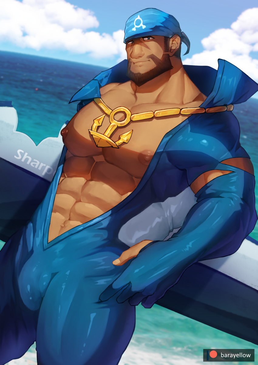 1boy abs anchor_necklace archie_(pokemon) bandana bara bare_pectorals beard blue_bodysuit blue_sky bodysuit brown_hair bulge cloud dark-skinned_male dark_skin facial_hair gold_necklace highres jewelry large_pectorals looking_at_viewer male_focus masa_yawara_(yellow) mature_male muscular muscular_male navel navel_hair necklace nipples open_bodysuit open_clothes outdoors pectorals pokemon pokemon_oras short_hair sky solo stomach thick_thighs thighs torn_bodysuit torn_clothes