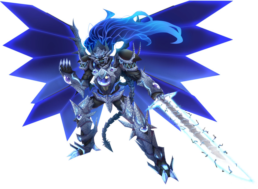 1boy arkfield armor blazblue blazblue:_central_fiction blazblue:_cross_tag_battle blue_eyes blue_hair crossover divine_dividing energy_sword energy_wings full_armor full_body fusion gauntlets high_school_dxd high_school_dxd_hero high_school_dxd_new highres holding holding_sword holding_weapon large_wings long_hair looking_at_viewer no_pupils pauldrons shoulder_armor susanoo_(blazblue) sword tail transparent_background vali_lucifer very_long_hair weapon