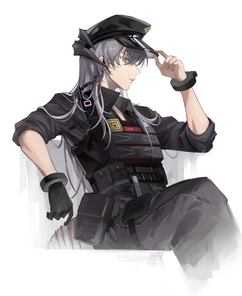 absurdres arknights black_gloves black_hat black_jacket black_pants bulletproof_vest dragon_horns earrings female gloves grey_hair hat highres horns jacket jewelry long_hair looking_at_viewer narakuuu official_alternate_costume orange_eyes pants peaked_cap police_hat radio_transceiver saria_(arknights) saria_(the_law)_(arknights) short_sleeves single_glove sitting solo