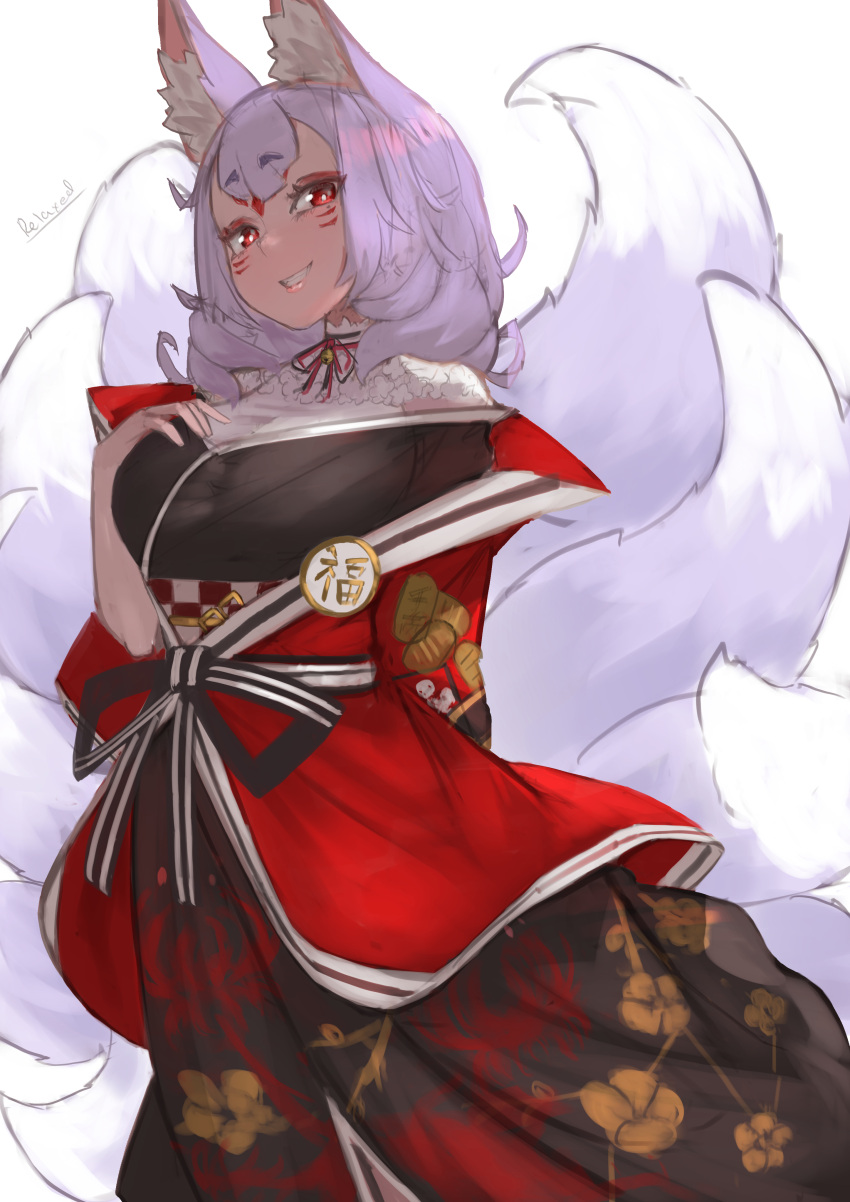 absurdres animal_ears black_kimono black_ribbon breasts english_commentary eyeshadow female fox_ears fox_girl fox_tail grey_hair head_tilt highres japanese_clothes kimono makeup medium_breasts multiple_tails neck_ribbon nijisanji nijisanji_en nina_kosaka parted_lips red_eyes red_eyeshadow red_ribbon relaxed_entity ribbon solo tail virtual_youtuber white_background