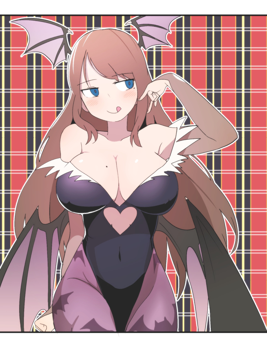 :q animal_print asymmetrical_bangs bat_print bat_wings black_leotard blue_eyes blush breasts brown_hair bural_chingu clothing_cutout commentary cosplay female head_wings heart_cutout highres korean_commentary large_breasts leotard long_hair looking_away looking_to_the_side low_wings luke_(dydansgur) mature_female mole mole_on_breast mole_under_eye morrigan_aensland morrigan_aensland_(cosplay) mrs._yun_mi-jeong pantyhose print_pantyhose purple_pantyhose purple_wings smile solo tongue tongue_out vampire_(game) w wings