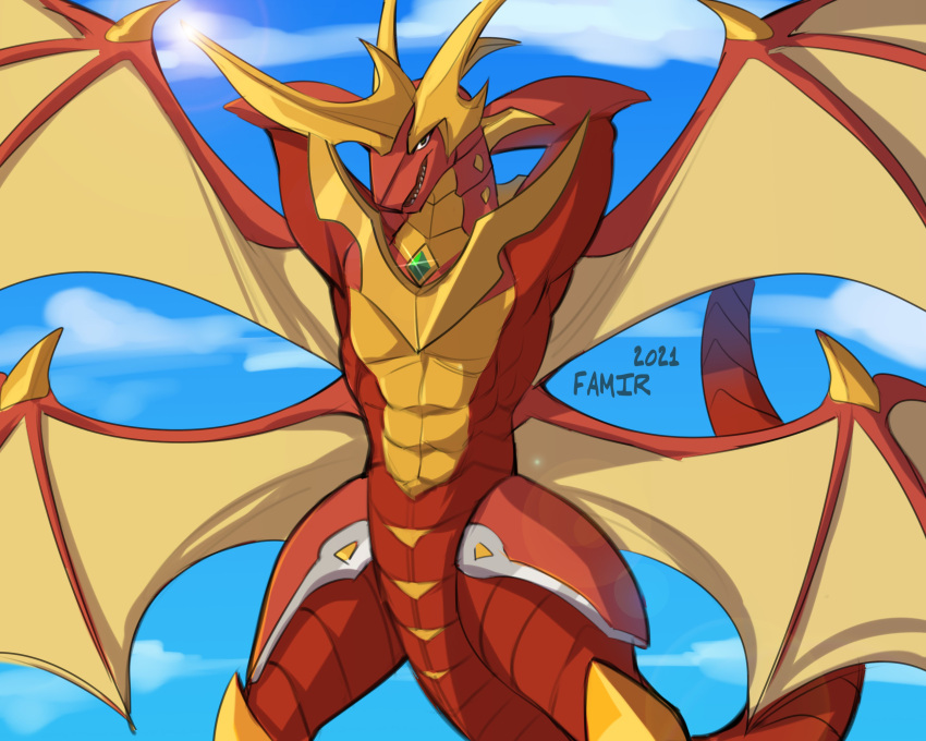 2021 5:4 absurd_res anthro bakugan blue_sky cloud dated drago_(bakugan) dragon famir_(artist) featureless_crotch front_view glistening glistening_eyes green_eyes hand_behind_head hi_res looking_at_viewer male membrane_(anatomy) membranous_wings muscular muscular_anthro muscular_male mythological_creature mythological_scalie mythology narrowed_eyes nude open_mouth open_smile outside portrait pose red_body scalie signature sky smile solo standing tail three-quarter_portrait wings yellow_body yellow_wings