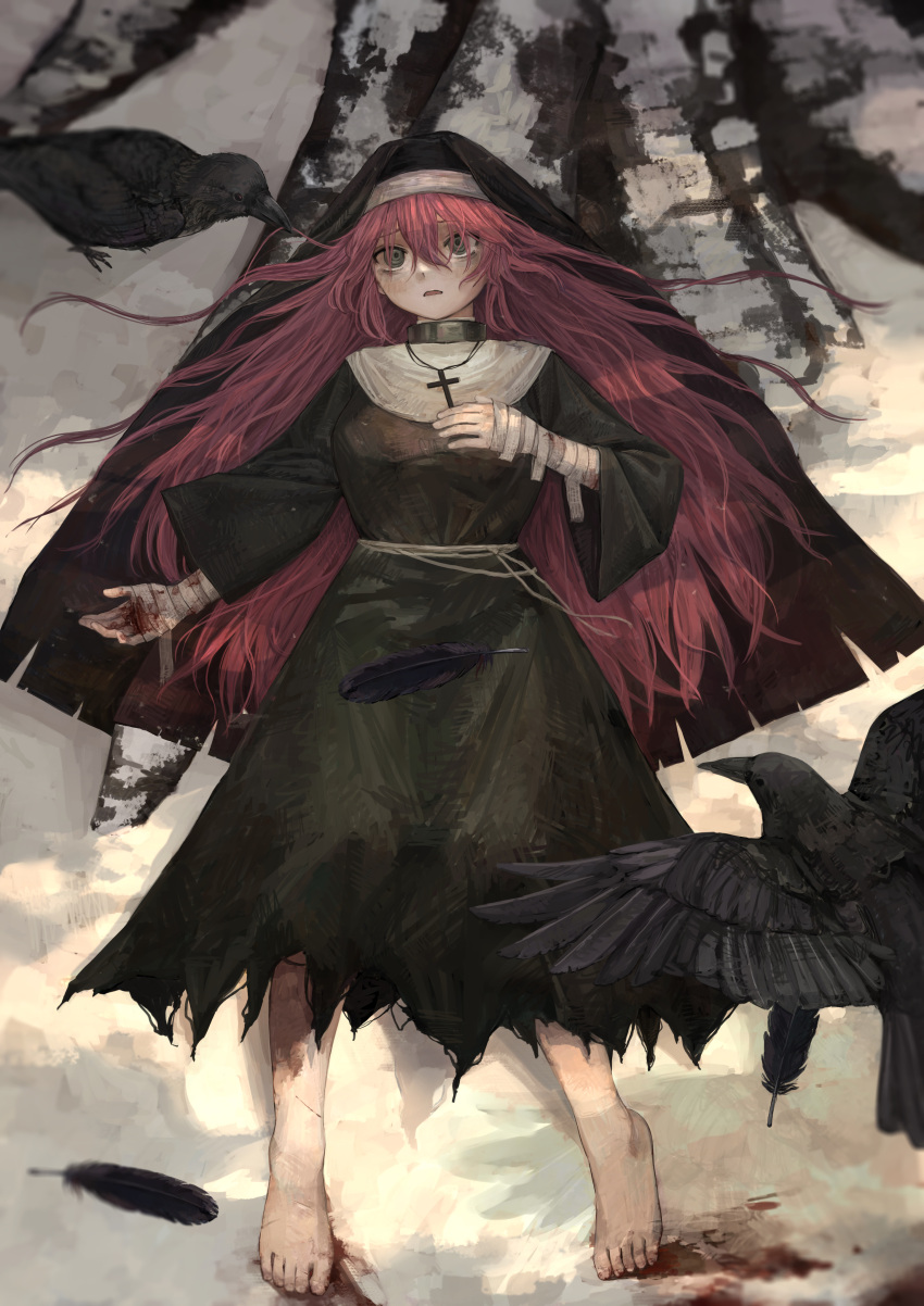 absurdres bad_id bad_pixiv_id bandaged_arm bandaged_hand bandages barefoot bird blood blood_on_ground blood_on_hands breasts commission cross cross_necklace crow feathers female full_body grey_eyes habit hair_between_eyes hair_spread_out hand_on_own_chest highres jewelry long_hair long_sleeves looking_at_viewer lying medium_breasts namuta necklace nun on_back original outdoors parted_lips pink-haired_nun_(404notfound) pink_hair skeb_commission snow solo torn_clothes traditional_nun very_long_hair wide_sleeves