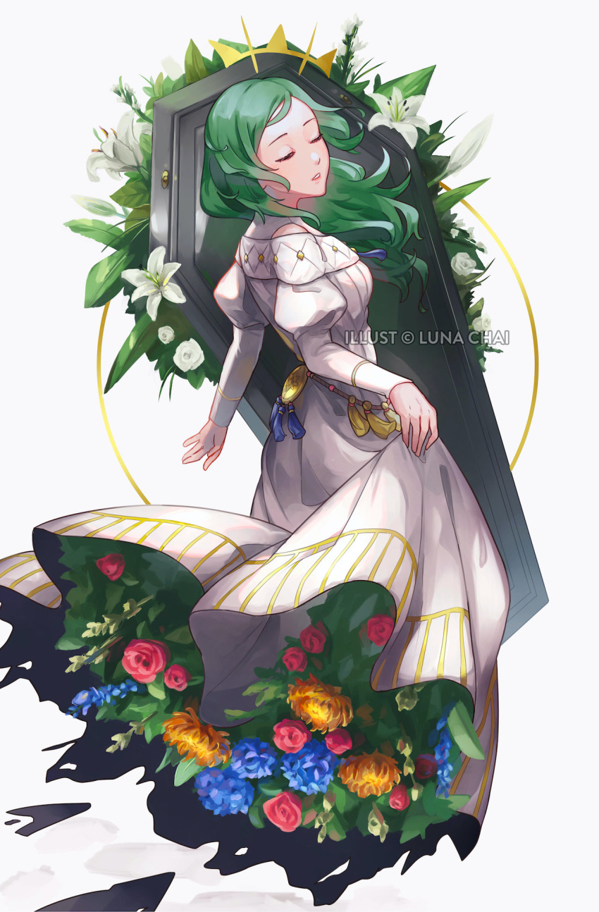 artist_name closed_eyes coffin commentary dress english_commentary female fire_emblem fire_emblem:_three_houses flower green_hair highres long_hair long_sleeves lunachaili parted_lips simple_background sitri_(fire_emblem) solo white_background white_dress