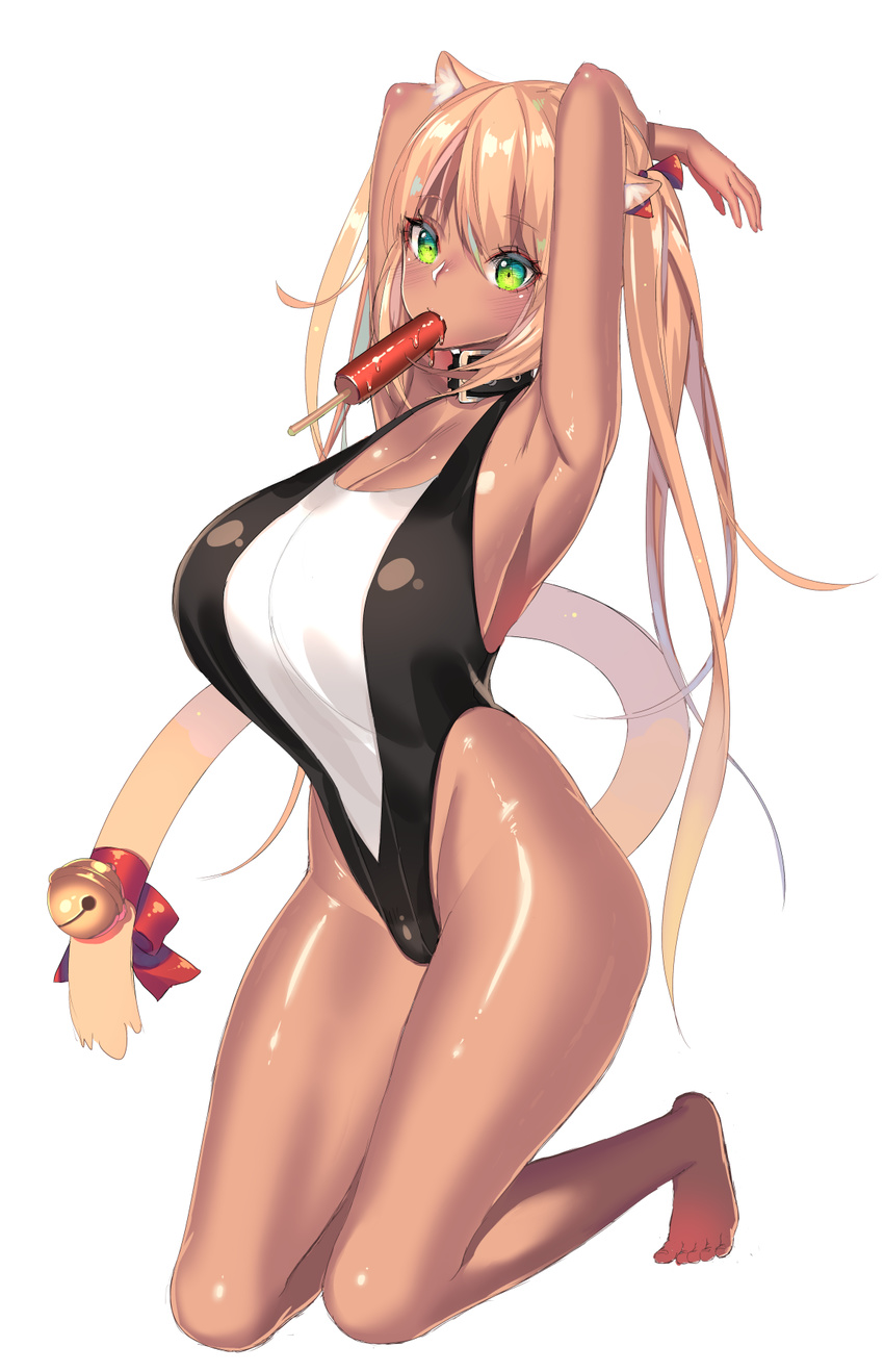 animal_ears armpits arms_up barefoot breasts brown_hair cat_ears cat_tail commentary_request copyright_request dark-skinned_female dark_skin female green_eyes highres huatu_jiang huge_breasts long_hair mouth_hold partial_commentary simple_background solo tail thighs very_long_hair white_background