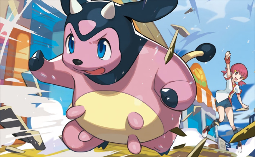 action_pose blue_eyes bovid bovine duo female feral generation_2_pokemon gym_leader horn human mammal miltank naoki_saito nintendo official_art open_mouth pink_body pink_skin pokemon pokemon_(species) pokemon_tcg pose running teats udders whitney_(pokemon)