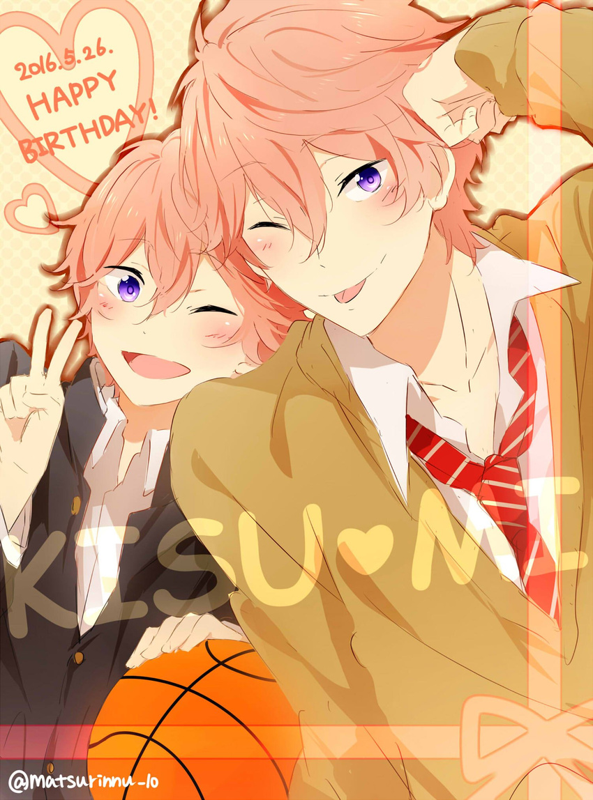 :p basketball free! gakuran high_speed! male_focus matsurinnu multiple_boys pink_hair purple_eyes shigino_kisumi v wink younger