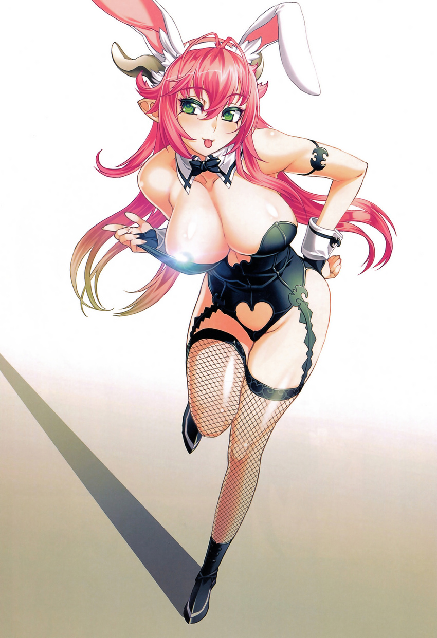 animal_ears arm_strap asmodeus_(the_seven_deadly_sins) bow bowtie breasts bunny_ears bunny_girl bunnysuit censored demon_girl demon_horns female fishnet_legwear fishnets garter_straps gloves green_eyes heart_cutout horns large_breasts lens_flare long_hair nishii_(nitroplus) nitroplus official_art pink_hair pointy_ears shoes solo the_seven_deadly_sins thighhighs tongue tongue_out wrist_cuffs