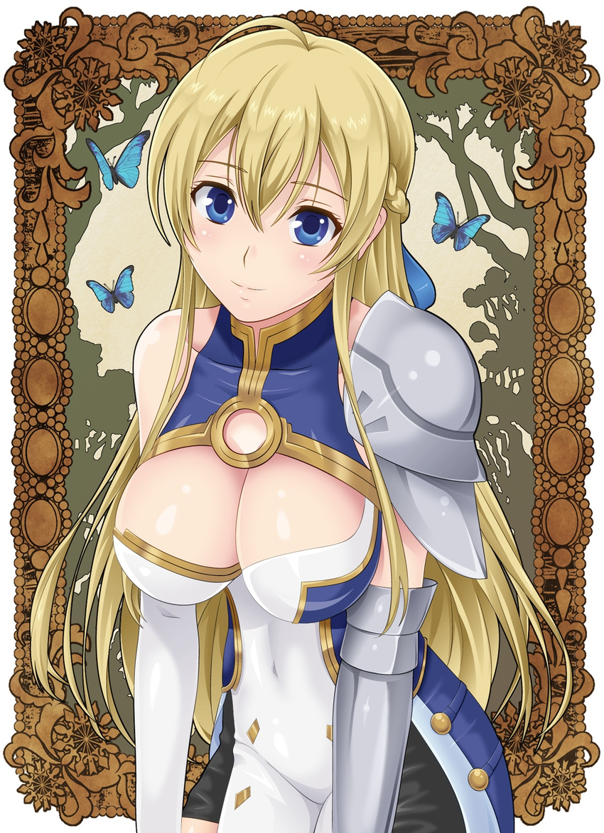 ahoge armor art_nouveau blonde_hair blue_eyes braid breasts bug butterfly cleavage cleavage_cutout clothing_cutout commentary_request female half_updo highres jeanne_kaguya_d'arc large_breasts long_hair nanikairu nobunaga_the_fool smile solo