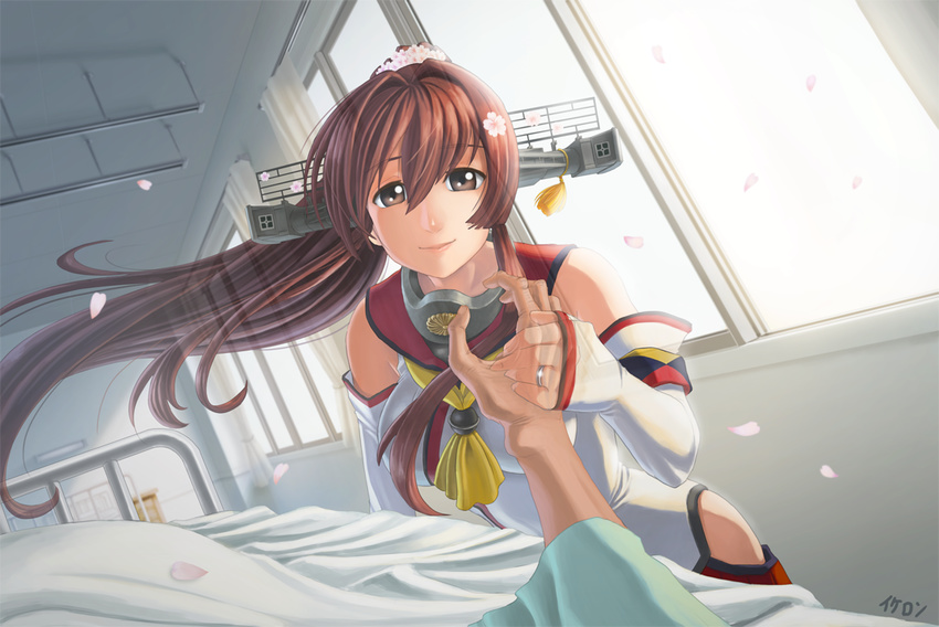 bad_id bad_pixiv_id bed brown_eyes brown_hair cherry_blossoms commentary_request detached_sleeves female flower hair_flower hair_ornament holding_hands hospital_bed iketatsu_shizuru jewelry kantai_collection kikumon long_hair out_of_frame petals ponytail pov pov_hands ring smile solo_focus transparent very_long_hair wedding_ring yamato_(kancolle)