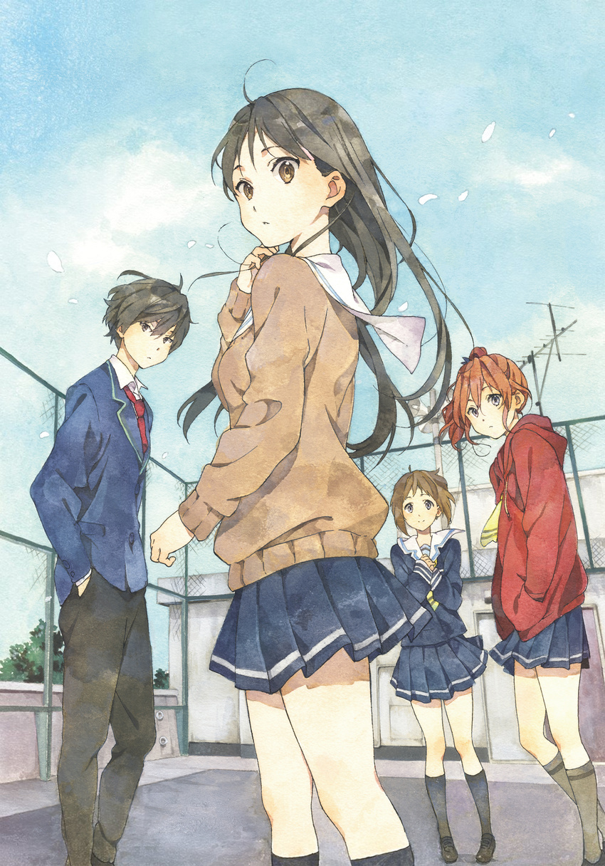 1boy 3girls absurdres aerial antennae aoi_haru_no_subete black_hair brown_eyes brown_hair cover cover_page fence hand_in_pocket high_ponytail highres horiguchi_yukiko iwasa_miho jacket kisaki_mahiru long_hair multiple_girls necktie official_art ookouchi_aoi purple_eyes red_hair rooftop school school_uniform serafuku short_hair skirt yokosuka_hiroto