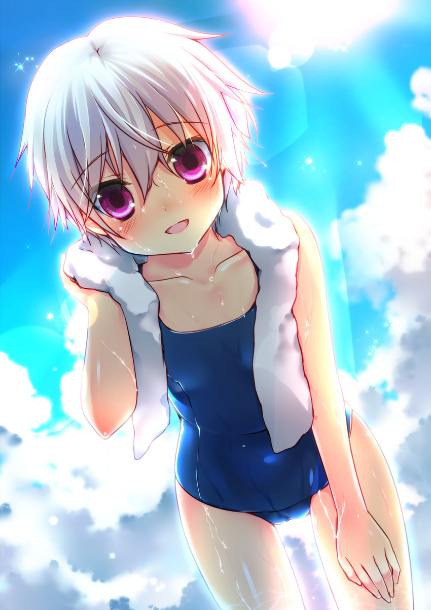 commentary_request female girlfriend_(kari) highres inose_riku kimijima_satoru leaning_forward one-piece_swimsuit pink_eyes school_swimsuit short_hair swimsuit towel wet white_hair