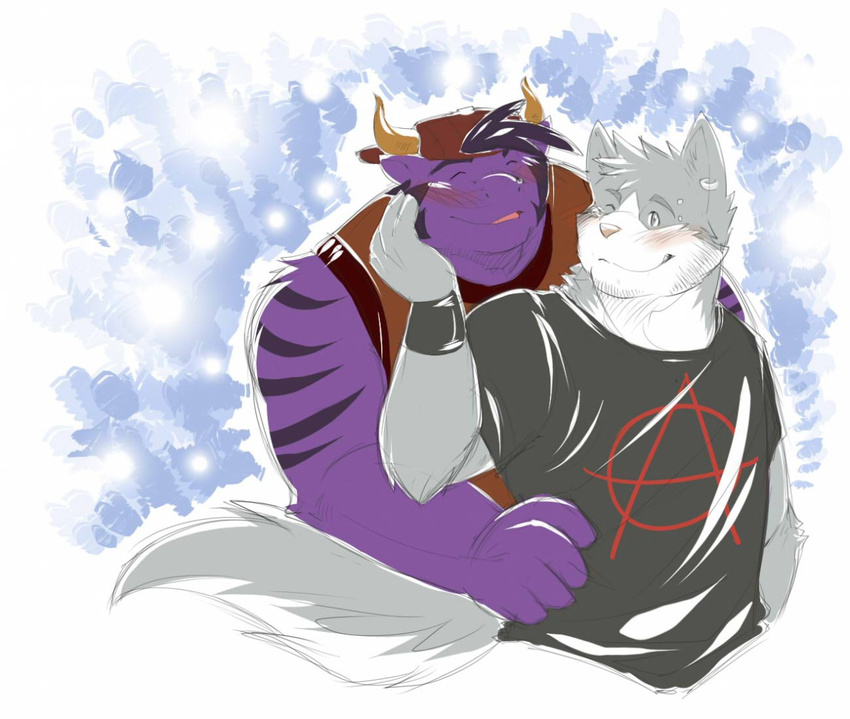 anthro beard biceps blush bovid bovine canid canine canis cattle closed_eyes clothing cuddling domestic_dog duo facial_hair grin hat headgear headwear horn husky husky92 hybrid male male/male mammal manly musclegut muscular nordic_sled_dog piercing rikitsu romantic romantic_couple shy smile spitz