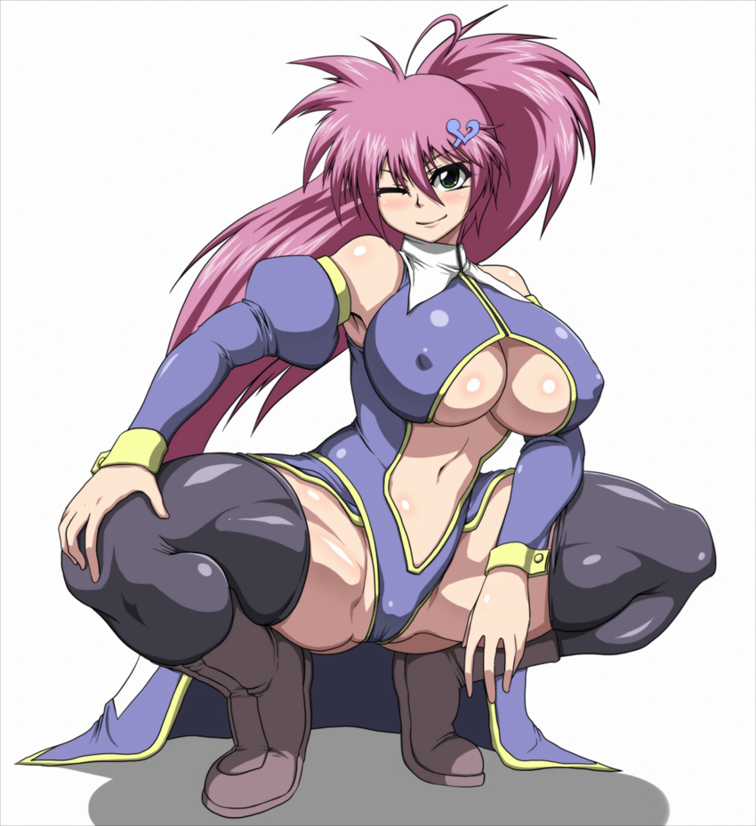 bare_shoulders boots breasts cameltoe covered_nipples detached_sleeves erect_nipples female female green_eyes hair_ornament hairclip highres large_breasts legwear long_hair long_ponytail long_skirt meniko navel original pepo_(absolute1123) ponytail purple_eyes simple_background skirt solo squatting thighhighs underboob white_background wink