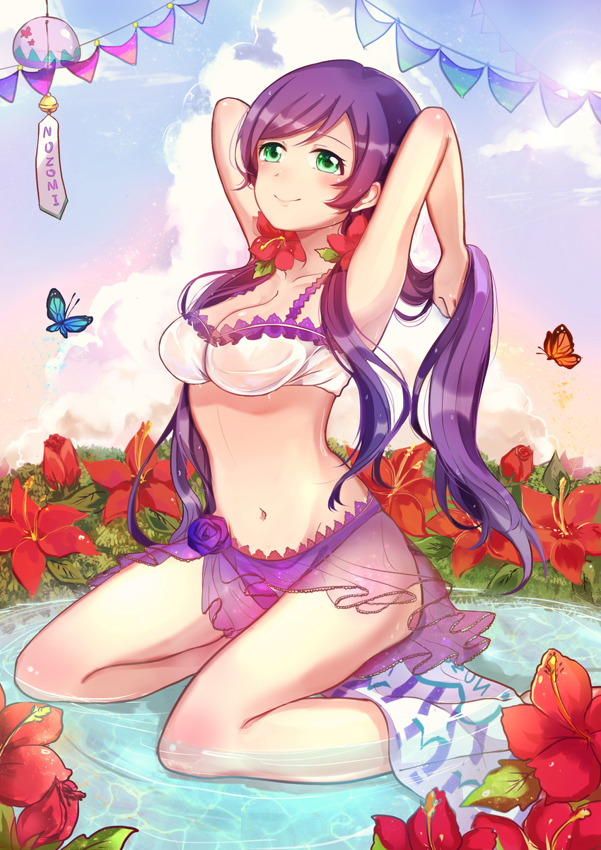 absurdres bikini bug butterfly flower green_eyes hibiscus highres insects long_hair love_live! love_live!_school_idol_project purple_hair sitting swimsuit toujou_nozomi towel twintails wariza water wind_chime xinghuo