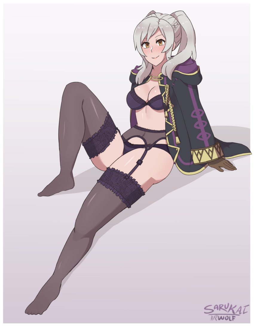 absurdres black_bra black_panties blush bra breasts cleavage coat female female_my_unit_(fire_emblem_if) fire_emblem fire_emblem:_kakusei full_body garter_belt garter_straps grey_hair highres lingerie looking_at_viewer medium_breasts my_unit_(fire_emblem:_kakusei) navel panties robin sarukaiwolf sitting smile solo super_smash_bros. thighhighs twintails